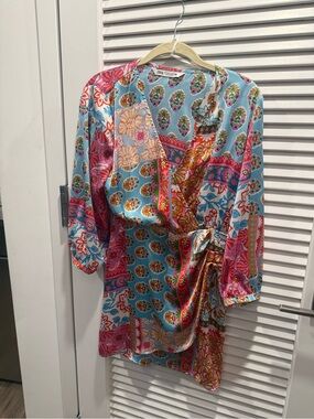 Zara Satin Floral Wrap Dress in Aqua, Pink & Gold
